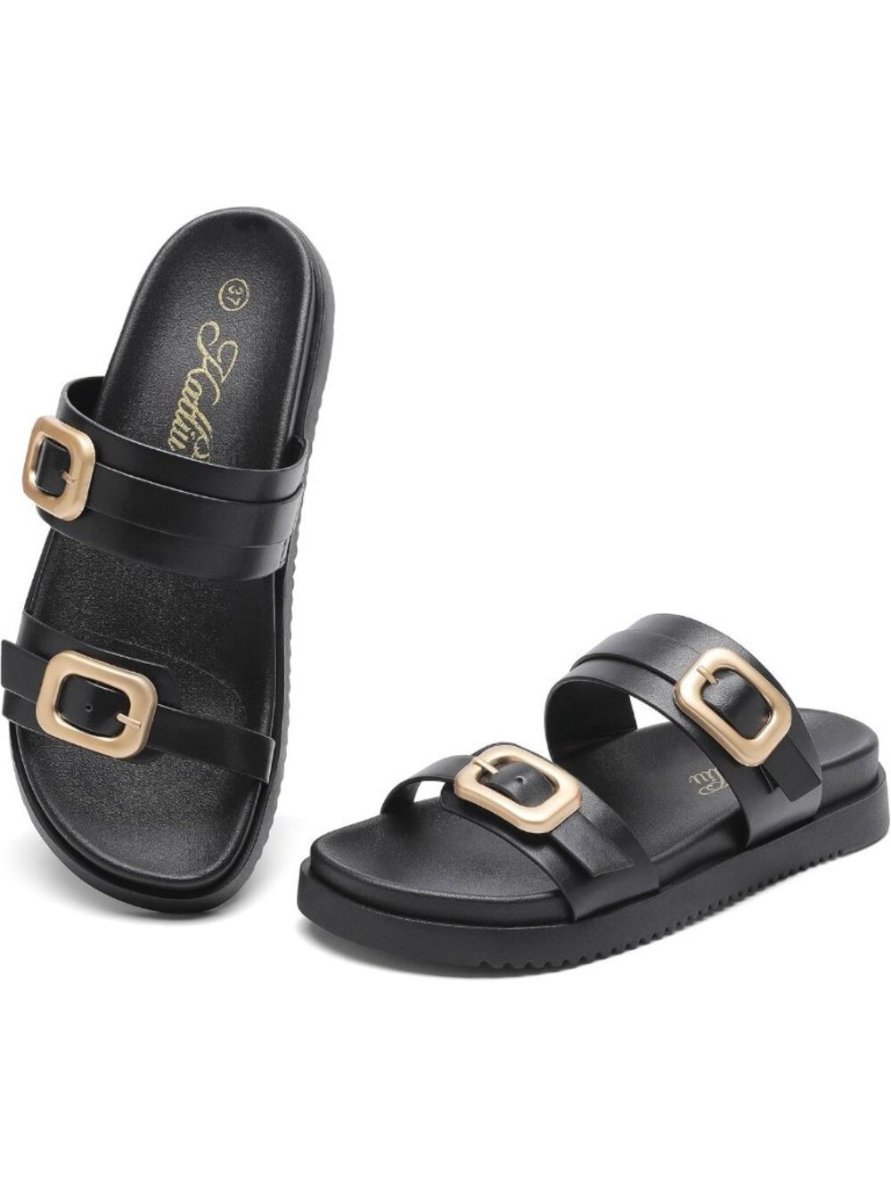 Stylish Women's Flat Sandals with Two Straps, Buckle Detail & Arch Support